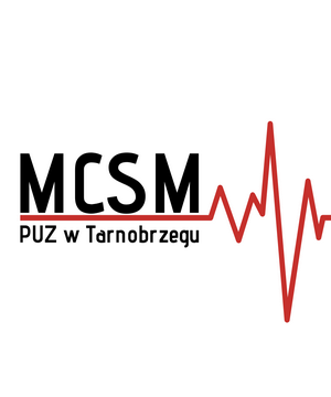 Logo Monoprofilowego Centrum Symulacji Medycznej w Tarnobrzegu, czarne litery na tle wykresu kardiomonitora