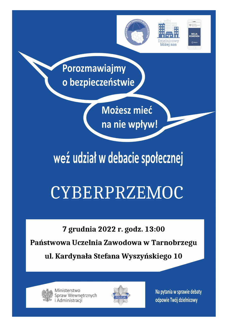 plakat w kolorze niebieskim i biały z informacjami dotyczącymi debaty
