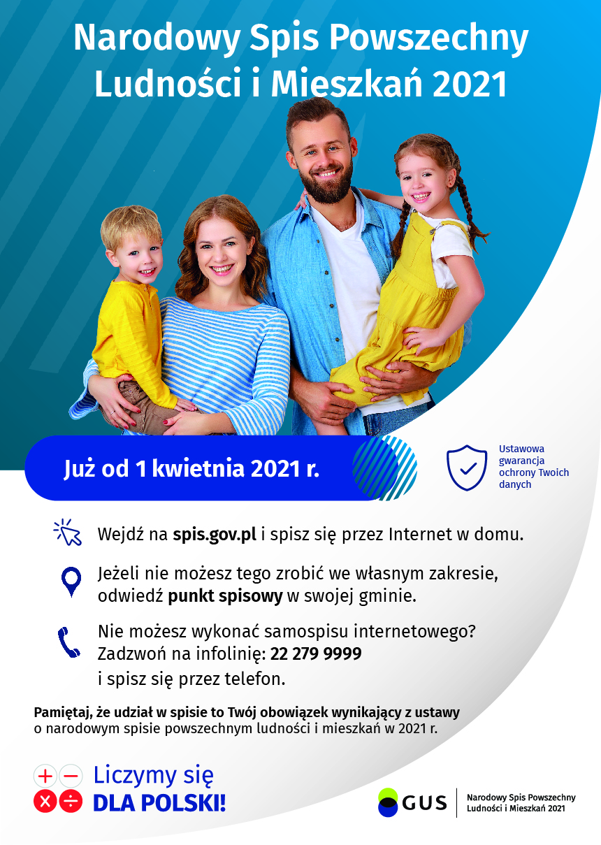 Grafika promująca akcję. Na zdjęciu uśmiechnięta rodzina, powyżej napis Narodowy Spis Powszechny Ludności i Mieszkań 2021
