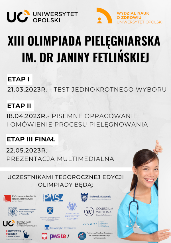 Plakat promocyjny: XIII Międzyuczelnianej Olimpiady Pielęgniarskiej im. dr Janiny Fetlińskiej