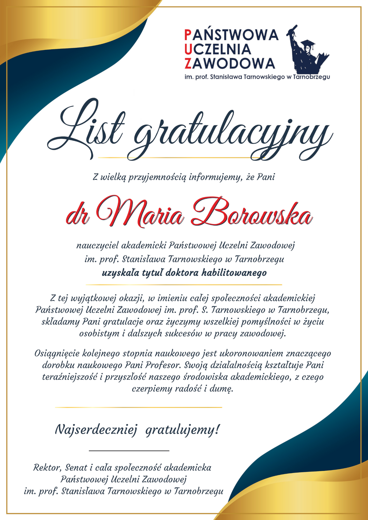 grafika przedstawia list gratulacyjny dla dr hab. Marii Borowskiej