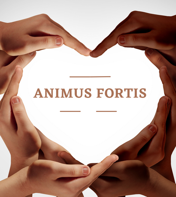 In the picture, hands intertwined in the shape of a heart, in the middle the inscription Animus Fortis