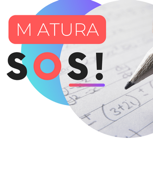 grafika przedstawia tytuł projektu SOS Matura oraz zdjęcie kartki z zapisanymi wzorami matematycznymi oraz fragment ołówka nad kartką